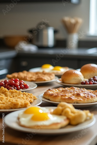 Breakfast foods or baked goods are often displayed on a table in a kitchen with cooking appliances nearby._00002_