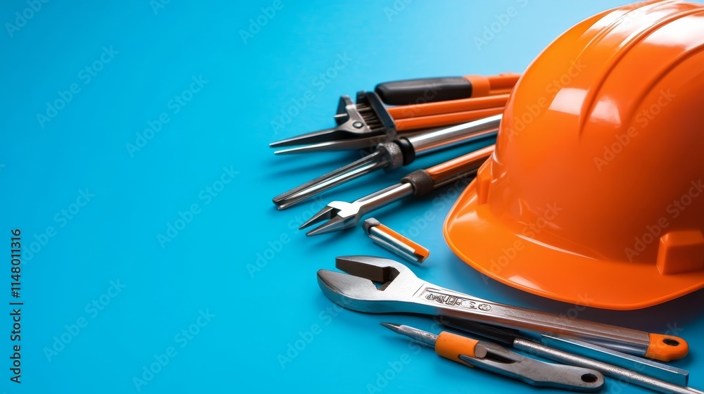 Construction Tools Hard Hat on Blue Background Construction Tools Hard Hat on Blue Background
