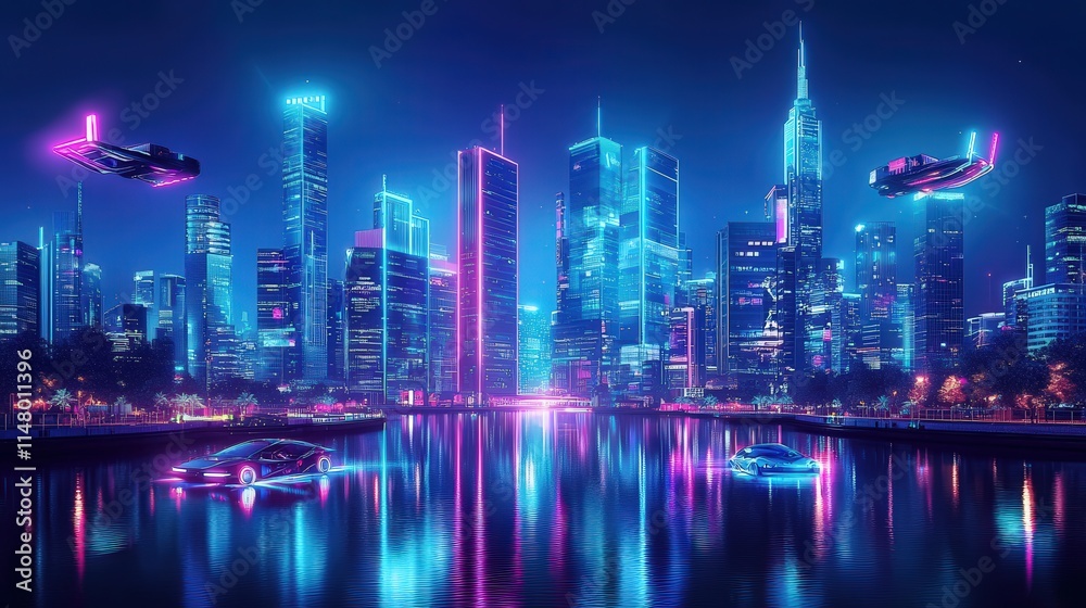 Fototapeta premium A vibrant futuristic cityscape with neon lights, hovering vehicles, and reflections on water, creating a sci-fi atmosphere.