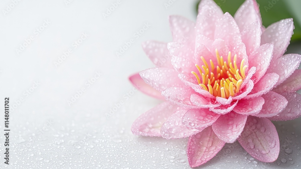 Fototapeta premium Close-up of a pink water lily with water droplets on petals and leaf.