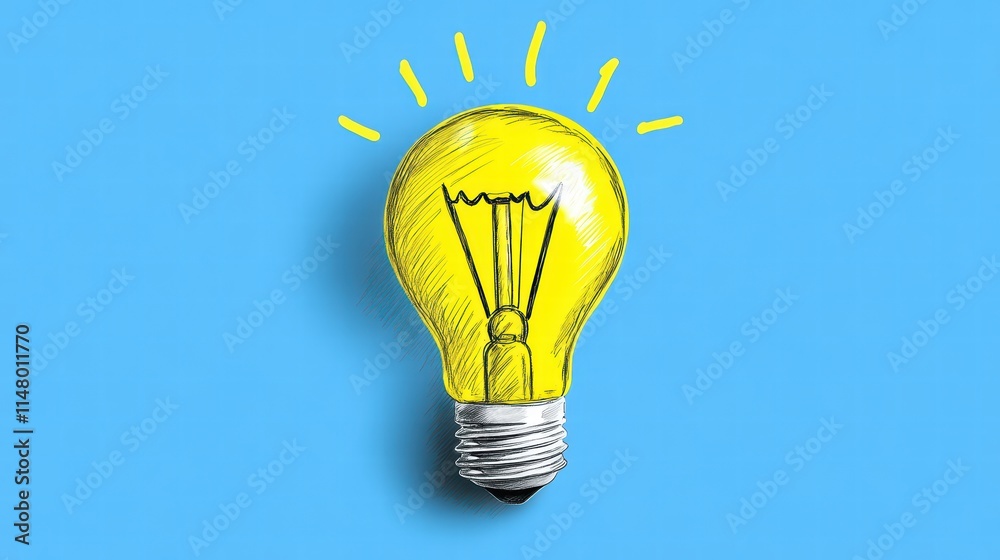 Hand-drawn Light Bulb Illustration on Bright Blue Background Hand-drawn Light Bulb Illustration on Bright Blue Background