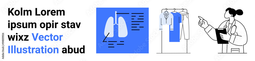 Medical professional with clipboard, lung diagram with details, and clothes on hanger. Ideal for healthcare, medical info, respiratory health, fashion, diagnosis, professional settings educational Medical professional with clipboard, lung diagram with details, and clothes on hanger. Ideal for healthcare, medical info, respiratory health, fashion, diagnosis, professional settings educational