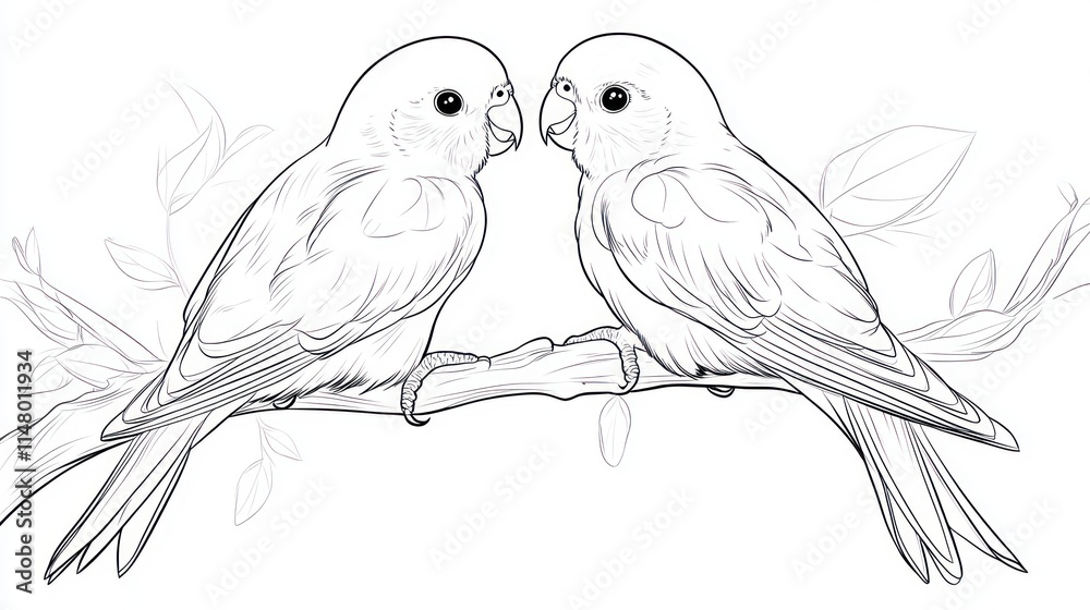 Two Budgies Perched on a Branch Among Leaves Two Budgies Perched on a Branch Among Leaves