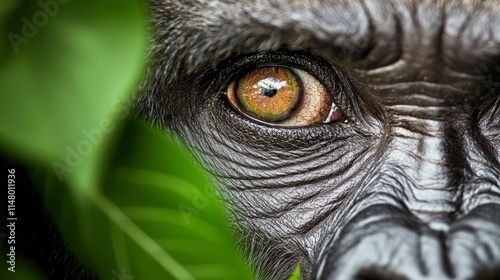  A close up of a gorilla's eye with green leaves in the background photo