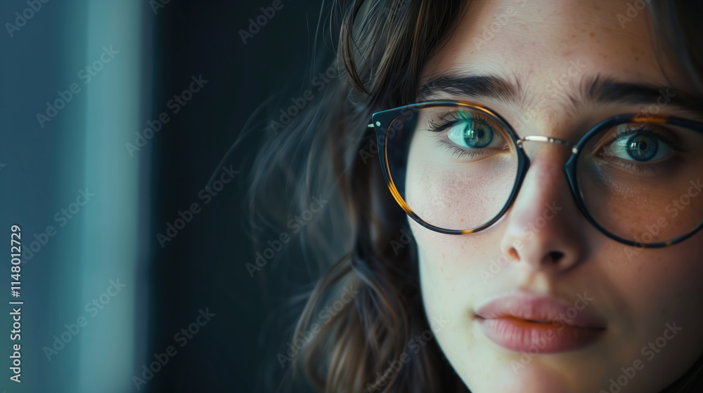 Close-Up Photograph of a Woman Wearing Stylish Glasses in Soft Lighting, Perfect for Lifestyle and Eyewear Fashion Use Cases Close-Up Photograph of a Woman Wearing Stylish Glasses in Soft Lighting, Perfect for Lifestyle and Eyewear Fashion Use Cases