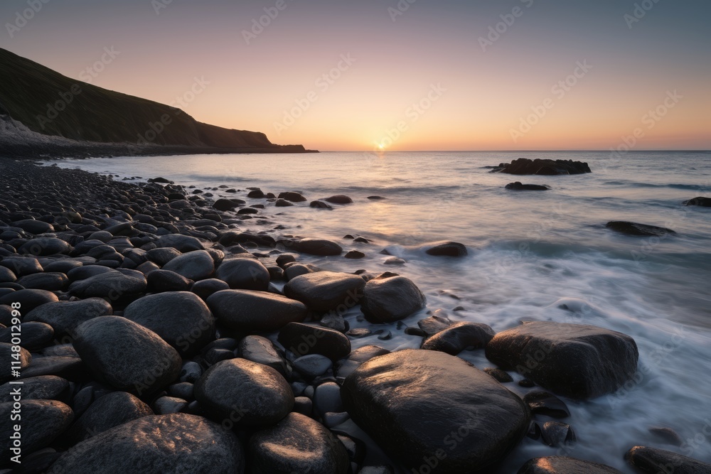 rocky beach with rocks and water at sunset with mountains in background rocky beach with rocks and water at sunset with mountains in background