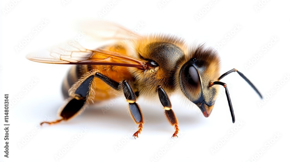A close up of a bee on a white background A close up of a bee on a white background