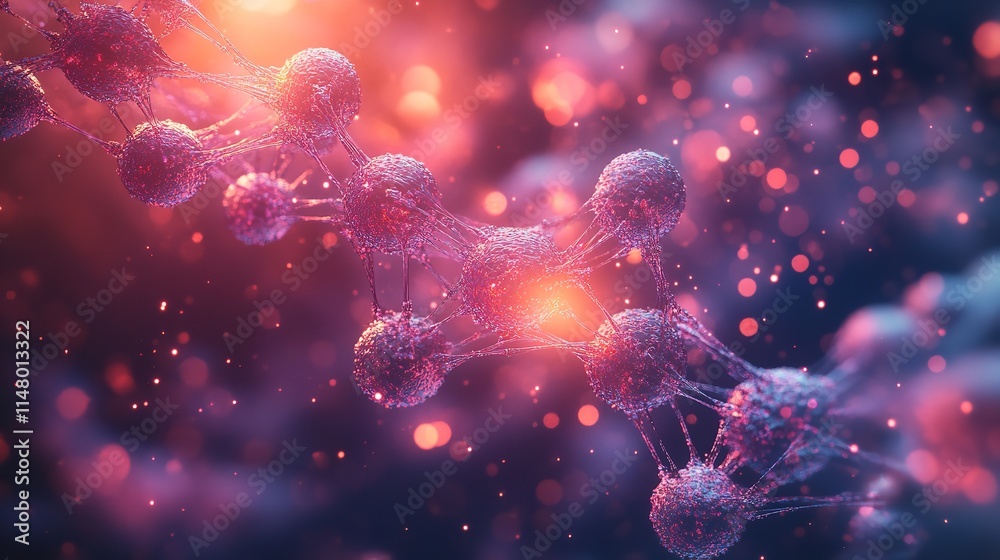 Abstract network of interconnected pink nodes and transparent orbs on a blue background, depicting a neural or molecular system. Abstract network of interconnected pink nodes and transparent orbs on a blue background, depicting a neural or molecular system.