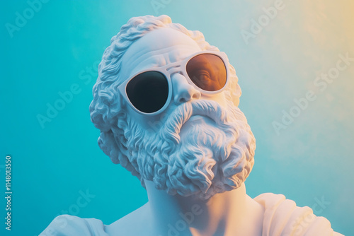 Socrates in sunglasses and white, minimalist style, turquoise background
