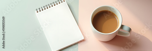 A warm cup of coffee sits beside a blank notepad on a soft pastel colored table to stimulate creativity._00003_ photo