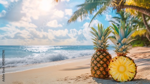 Tropical Beach Scene with Pineapple and Ocean Waves: Summer Vacation Bliss. AI generated illustration