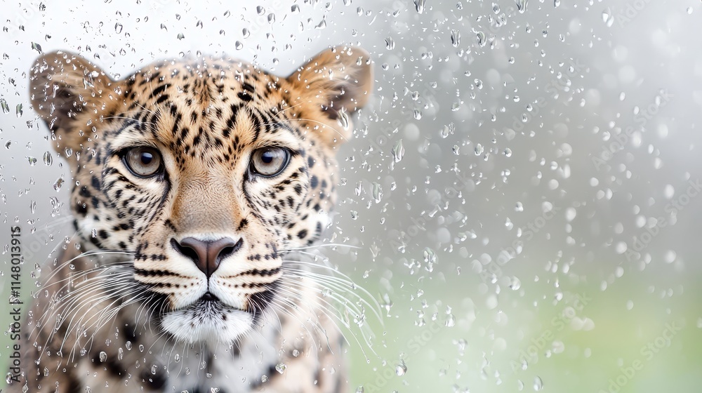 Fototapeta premium A close up of a leopard's face in the rain