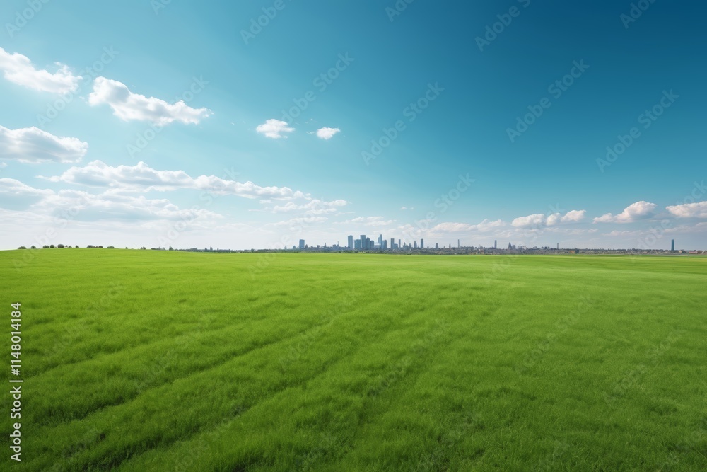 Fototapeta premium arafed view of a green field with a city in the distance