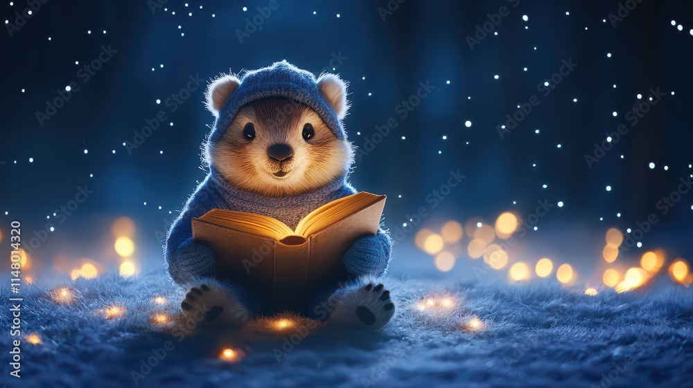 Fototapeta premium Happy Groundhog Day greeting card design concept. A cute Groundhog in a cozy blue outfit reads a book amidst a snowy landscape filled with glowing lights.