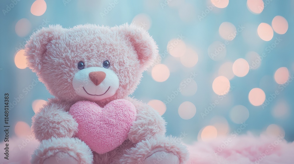 Cute Teddy Bear Holding a Pink Heart with Warm Bokeh Background Cute Teddy Bear Holding a Pink Heart with Warm Bokeh Background