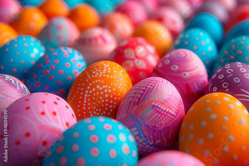 Close-up of a bunch of painted eggs in a variety of colors. Some are blue, some are pink, and some are orange