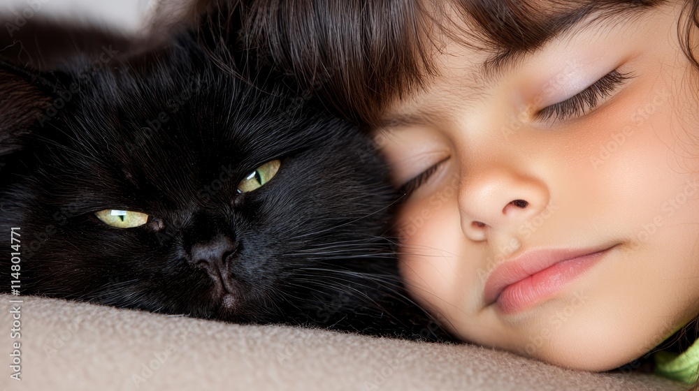 A little girl laying on top of a couch next to a black cat A little girl laying on top of a couch next to a black cat