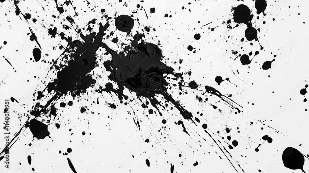 Obraz premium A chaotic pattern of ink splatters in deep black, scattered across a white canvas.