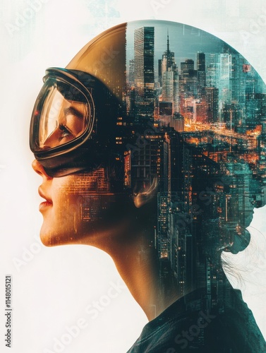 Profile of a person in safety helmet and goggles against an abstract city backdrop with plenty of copy space. Generative AI photo