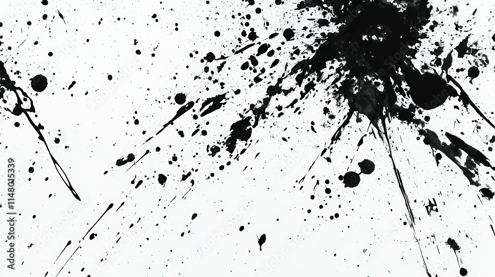A chaotic pattern of ink splatters in deep black, scattered across a white canvas. A chaotic pattern of ink splatters in deep black, scattered across a white canvas.