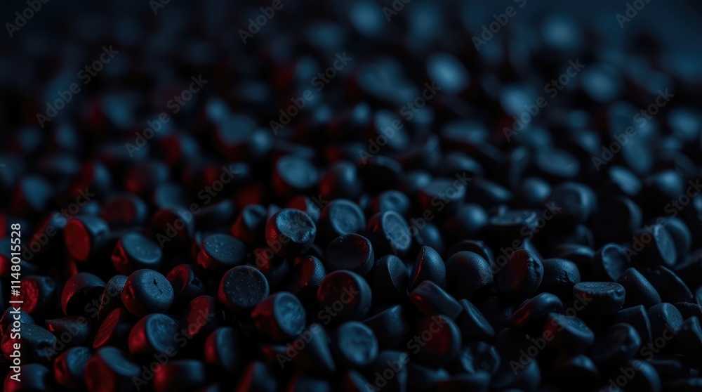 Fototapeta premium Dark chocolate pieces are spread out over a shadowy surface, glimmering softly under dim light, highlighting their rich color and texture