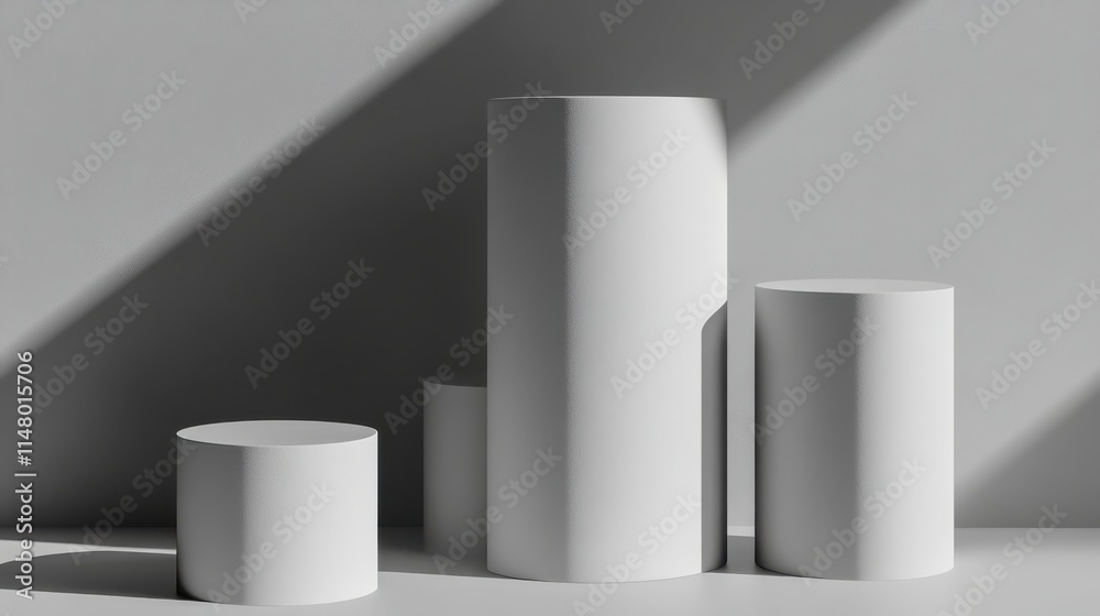 Three White Cylinders Displayed Against A Gray Wall Three White Cylinders Displayed Against A Gray Wall