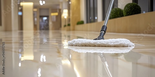 Wet mop cleaning shiny floor in a hallway.