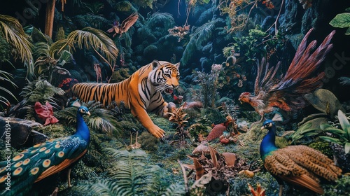 Tiger, peacocks, and birds in a lush, dark jungle scene. photo