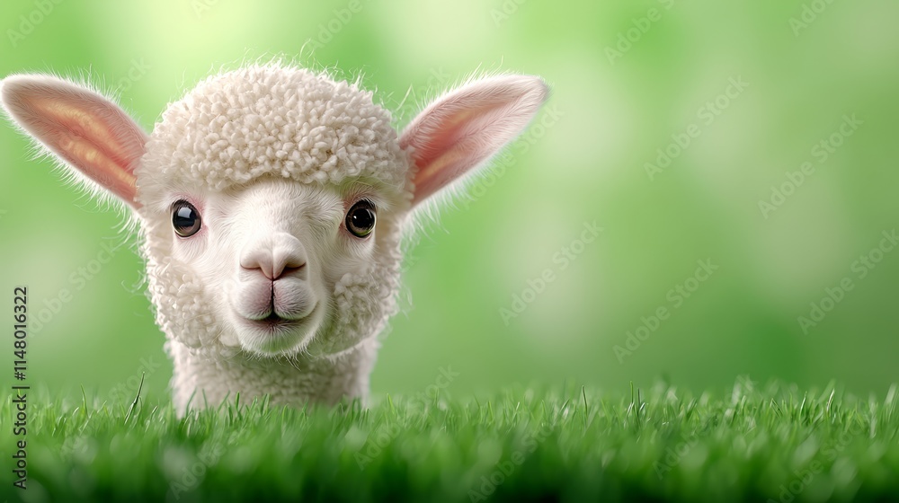 Obraz premium A small white lamb standing in a field of green grass