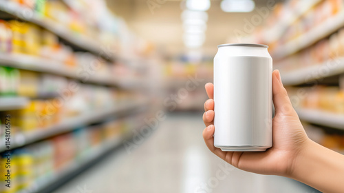 A hand holds a blank aluminum can in a supermarket aisle.