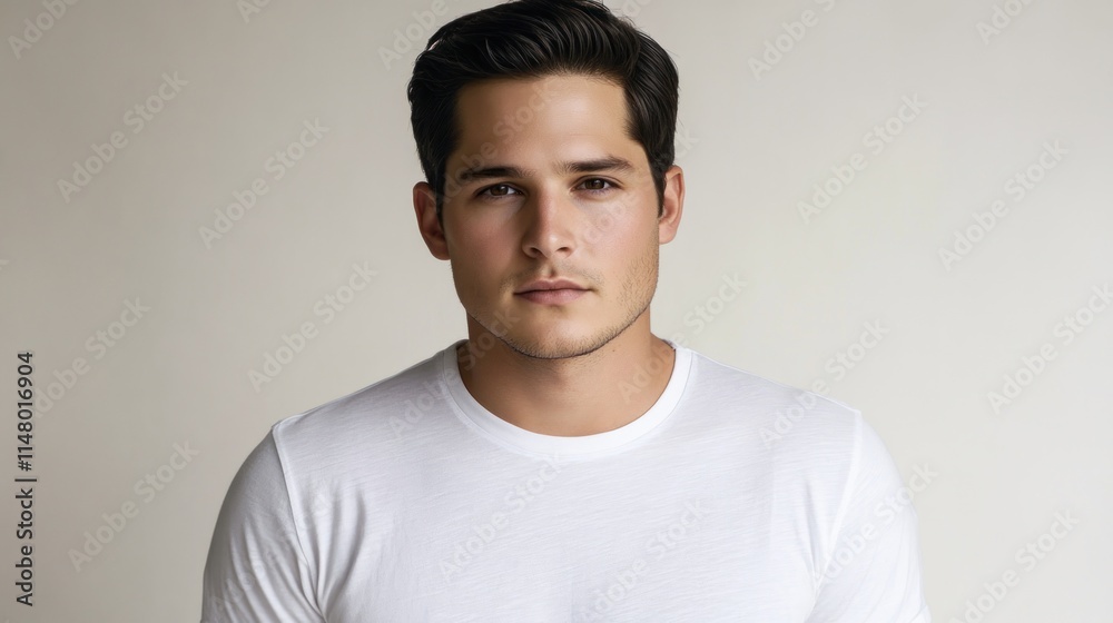 Portrait of a young man in a white t-shirt against a beige background. Portrait of a young man in a white t-shirt against a beige background.