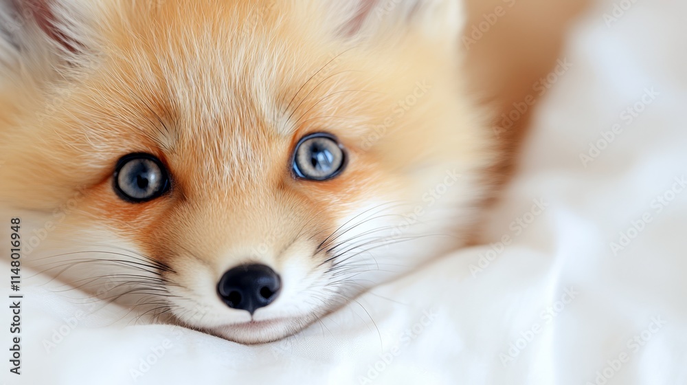 Obraz premium A close up of a small red fox with blue eyes laying on a bed