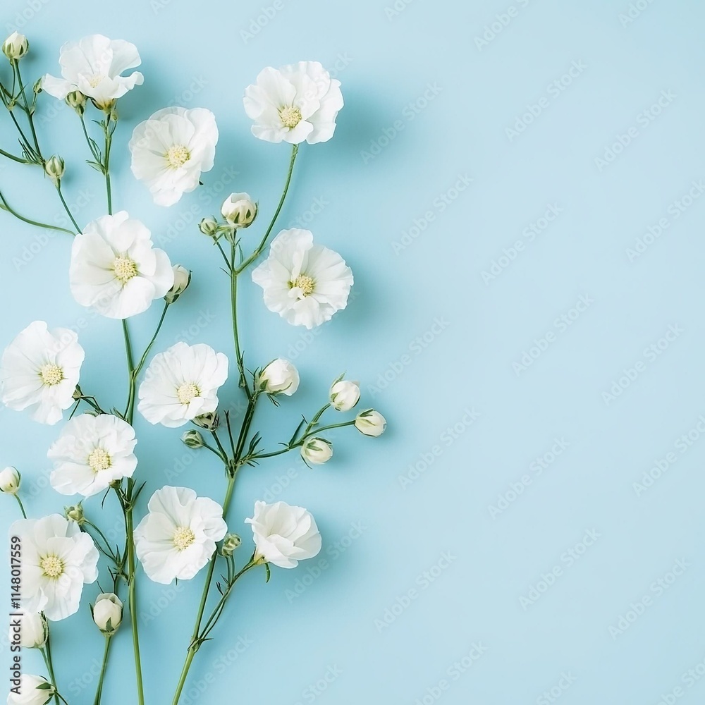 Fototapeta premium Banner with white flowers on light blue background. Greeting card template for Wedding mothers or womans day. Springtime composition with copy space.