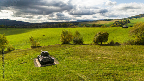 Photos Tanks on Death Valley battlefield or Udolie Smrti in Slovakia, aerial drone view