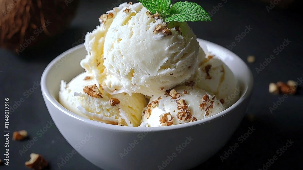 Delicious Coconut Ice Cream with Mint Pecans Delicious Coconut Ice Cream with Mint Pecans
