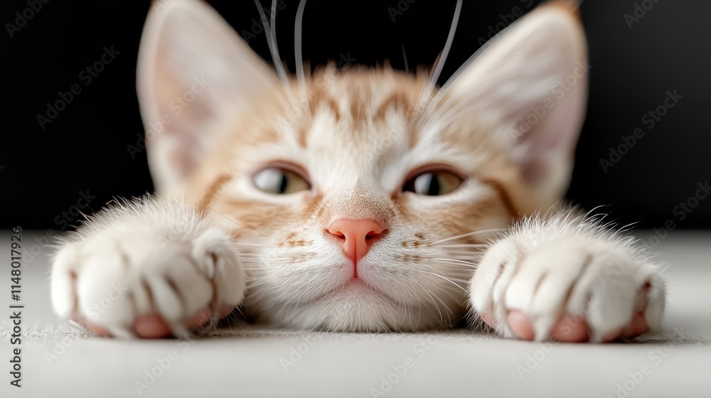 Obraz premium A small orange and white kitten laying on its back with its paws on the floor