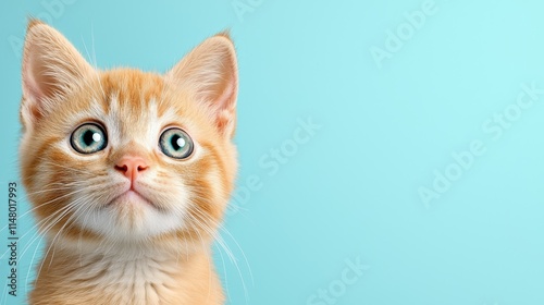 A small orange kitten with blue eyes looking up at the camera