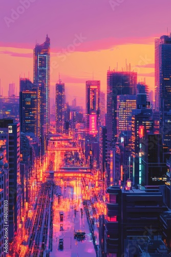 Vibrant city skyline with neon lights and skyscrapers at sunset, reflecting in water, creating a futuristic urban atmosphere.