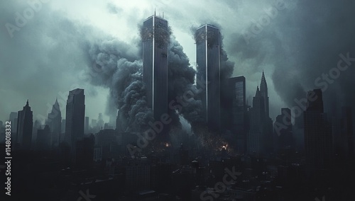 Dramatic Depiction of Twin Towers Explosion with Ominous City Skyline. AI generated illustration