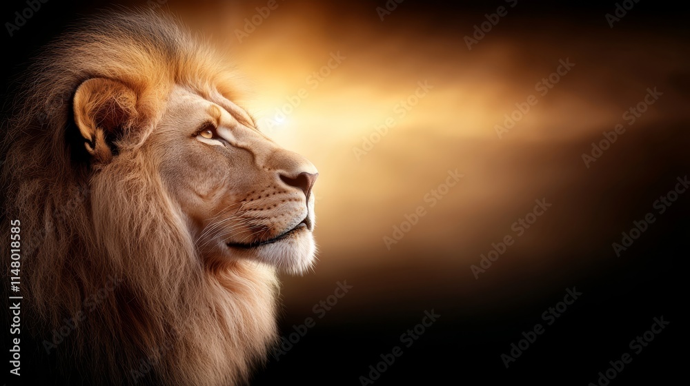 Fototapeta premium A close up of a lion's face with the sun in the background