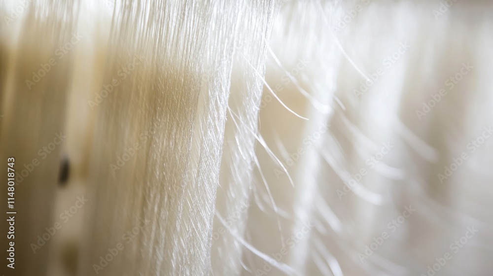 Obraz premium Closeup White Silk Threads, Fabric Textile Production, Soft Fibers