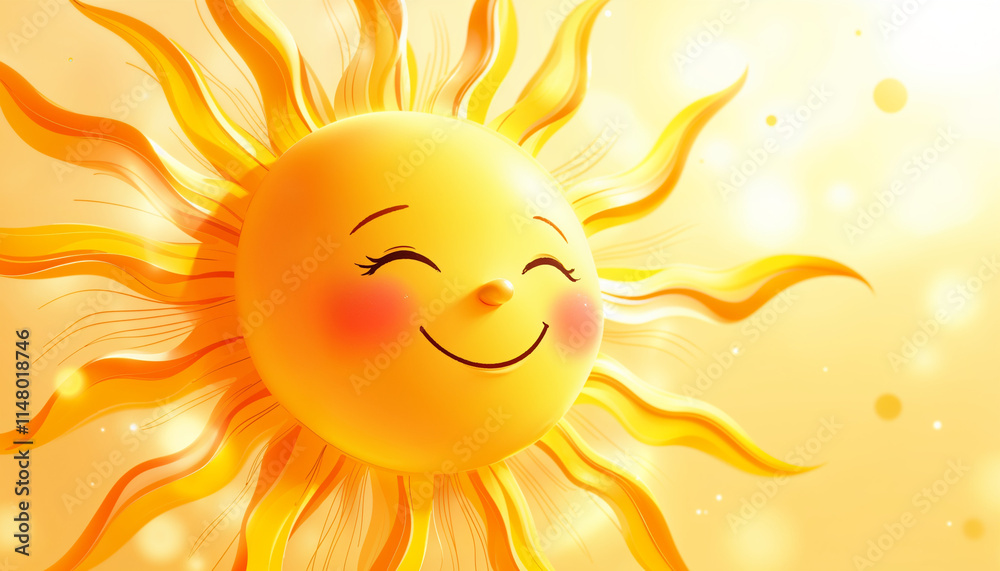 Bright sunny character with a cheerful expression and rays shining on a golden background