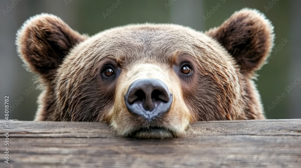 Obraz premium A brown bear peeking over a wooden fence