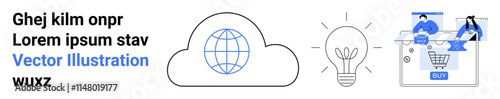 Cloud with globe, lightbulb, and two people shopping online. Ideal for technology, innovation, e-commerce, brainstorming, online services cloud storage themes. Landing page