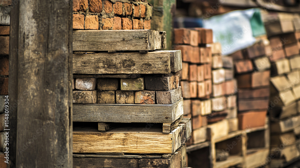 Stacked bricks and wooden pallets at a construction site in bright daylight. Stacked bricks and wooden pallets at a construction site in bright daylight.