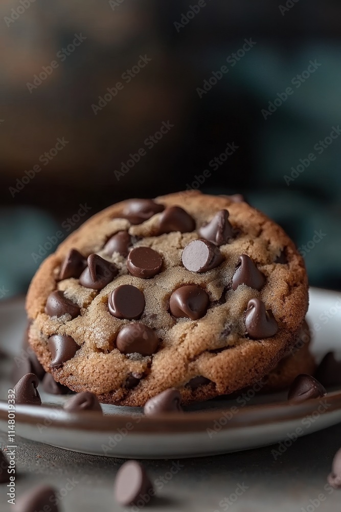 Two delicious chocolate chip cookies on a plate.