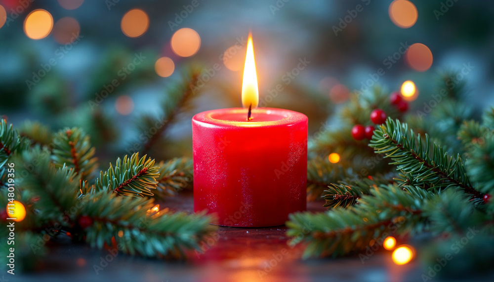 Red candle burns brightly surrounded by evergreen branches and holiday lights during the festive season Red candle burns brightly surrounded by evergreen branches and holiday lights during the festive season