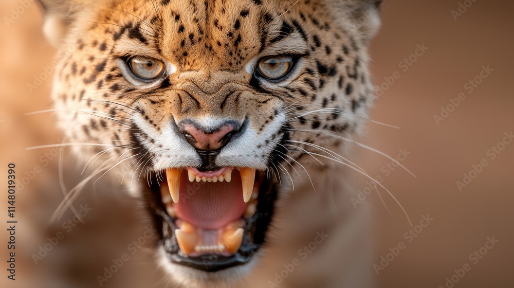  A close up of a leopard's face with its mouth open