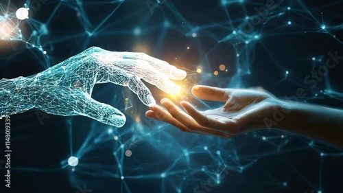 A robot hand reaching out to touch a human hand, symbolizing the collaboration between humans and artificial intelligence in the modern world