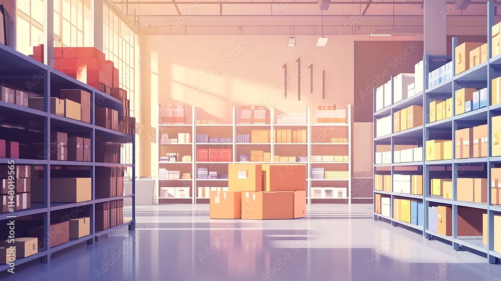 Sunlit Warehouse Interior with Organized Cardboard Boxes on Shelves